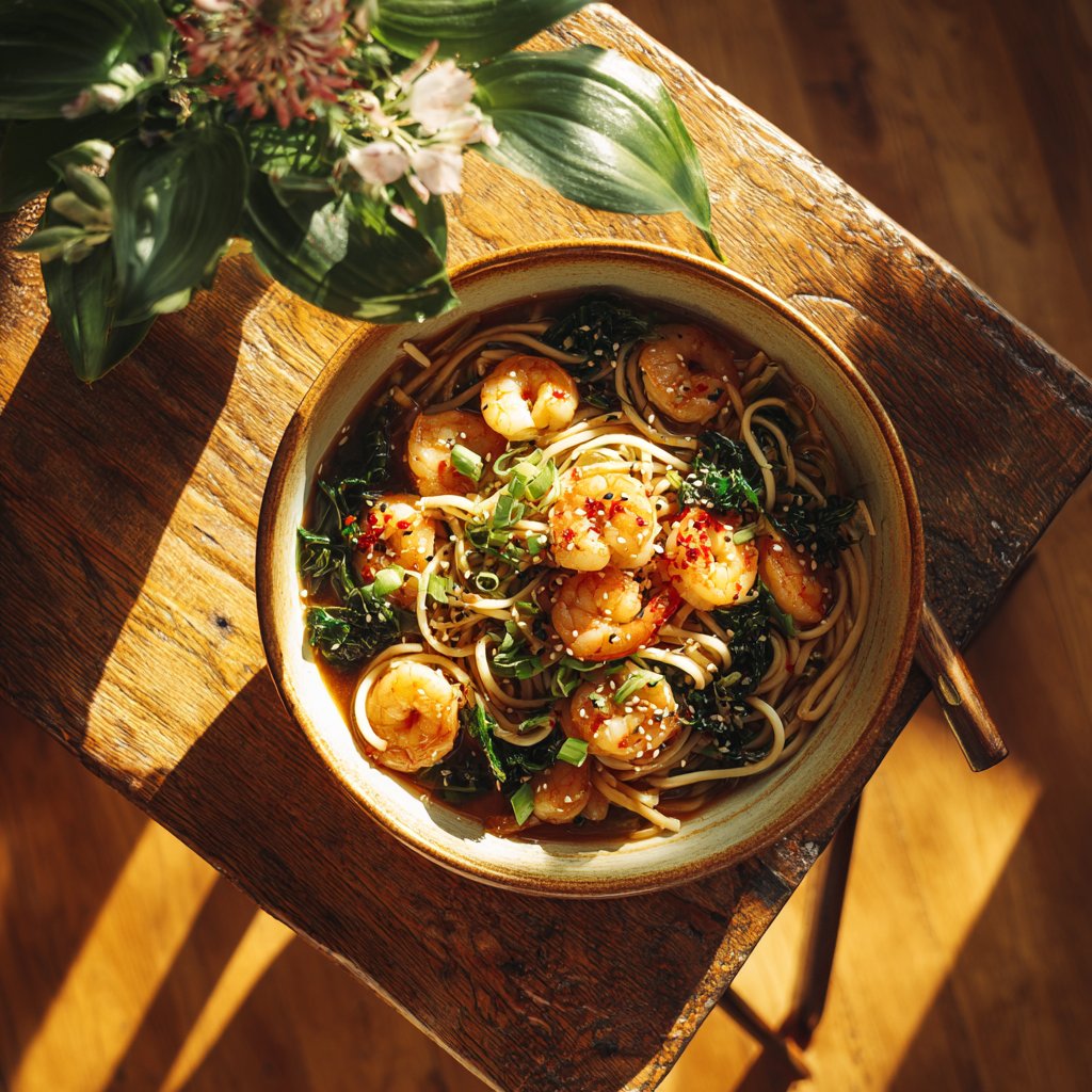 Asiatische inspirierte Garnelen-Pasta-Bowl