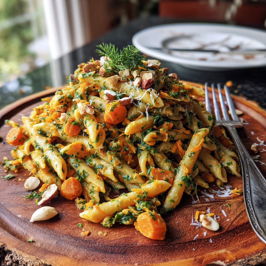 Frühlingskarotten und Nuss Pasta