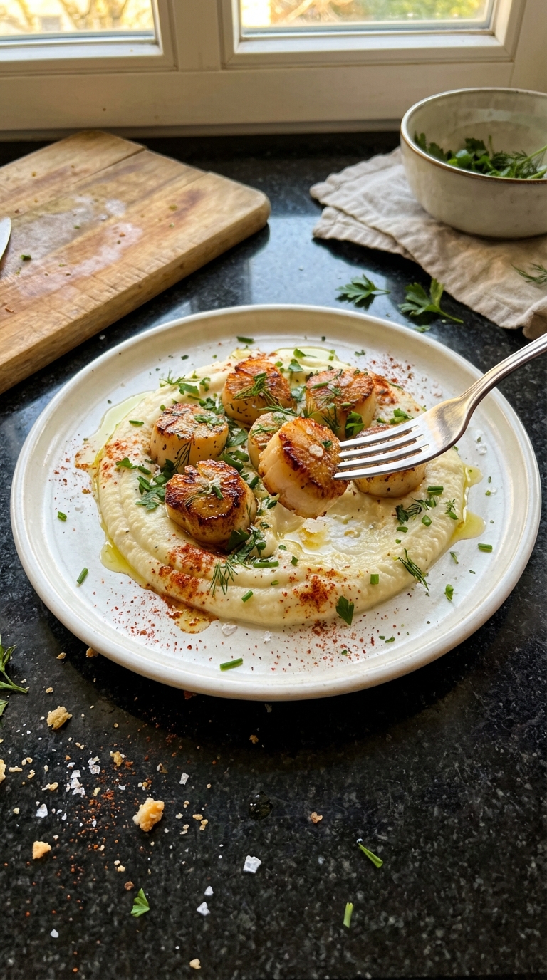 Kräuter Jakobsmuscheln auf Blumenkohlpüree​